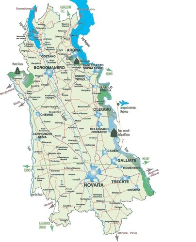 Agrate Conturbia - Ameno - Armeno - Arona - Barengo - Bellinzago Novarese - Biandrate - Boca - Bogogno - Bolzano Novarese - Borgo Ticino - Borgolavezzaro - Borgomanero - Briga Novarese - Briona Caltignaga - Cameri - Carpignano Sesia - Casalbeltrame - Casaleggio - Novara Casalino - Casalvolone - Castellazzo Novarese - Castelletto Sopra Ticino - Cavaglietto - Cavaglio d'Agogna Cavallirio - Cerano - Colazza - Comignago - Cressa - Cureggio - Divignano - Dormelletto - Fara Novarese - Fontaneto d'Agogna - Galliate - Garbagna Novarese - Gargallo - Gattico -Ghemme - Gozzano - Granozzo con Monticello - Grignasco - Invorio - Landiona - Lesa - Maggiora - Mandello Vitta - Marano Ticino - Massino Visconti - Meina - Mezzomerico - Miasino - Momo - Nebbiuno - Nibbiola - Novara - Oleggio - Oleggio Castello - Orta San Giulio - Paruzzaro - Pella - Pettenasco - Pisano - Pogno - Pombia - Prato Sesia - Recetto - Romagnano Sesia - Romentino - San Maurizio d'Opaglio - San Nazzaro Sesia - San Pietro Mosezzo - Sillavengo - Sizzano - Soriso - Sozzago - Suno - Terdobbiate - Tornaco - Trecate - Vaprio d'Agogna - Varallo Pombia - Veruno - Vespolate - Vicolungo - Vinzaglio